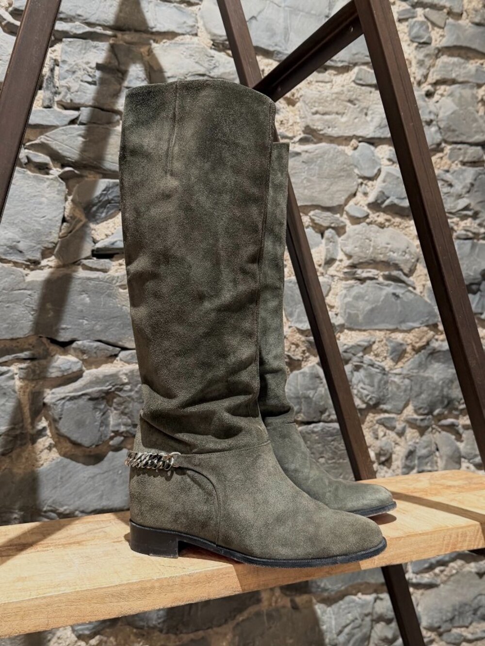 Christian Louboutin Green Suede Chain Accent Cate Riding Boots